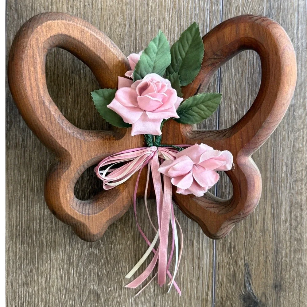 Wood Butterfly Wall Decor Set Carved Floral‎ Cottagecore Boho Hanging Art Pair
